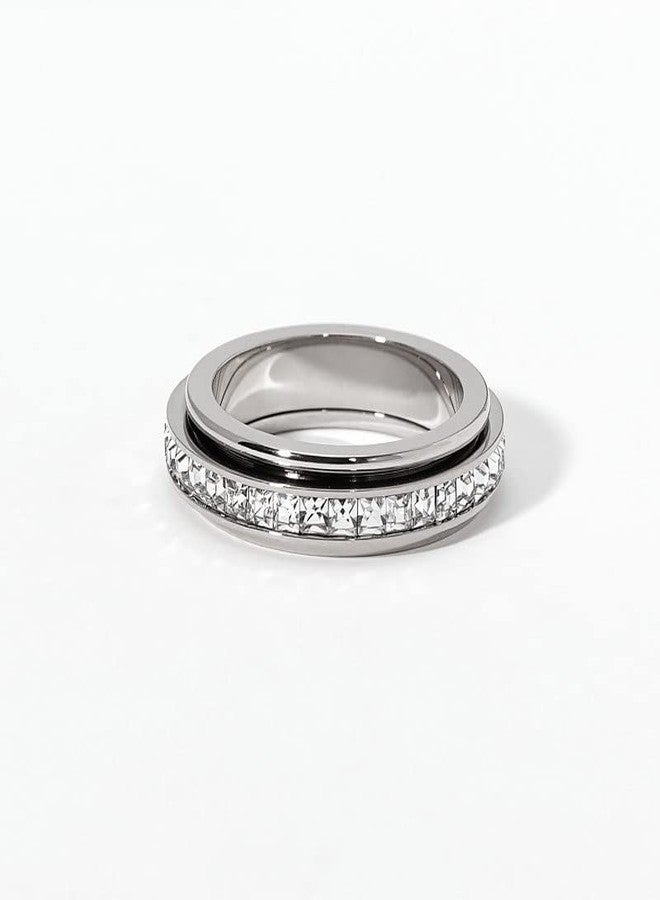 Pingyongchang Anxiety Rings Titanium Steel Spinner Fidget Band Rings for Women Ladies Cubic Zirconia Relieving Anxiety Wedding Promise Lucky Statement Rings-10 - Image 3